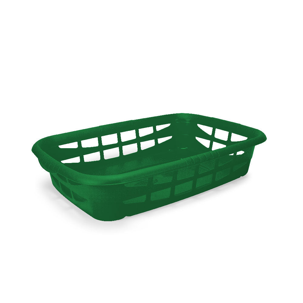 Cesto de roupa verde retangular de plástico. Design arejado e prático para lavandaria.