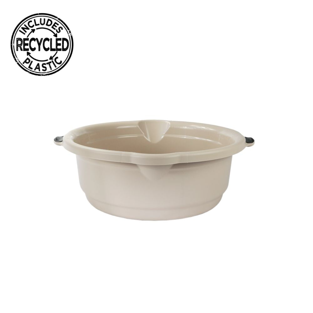 Bacia bege com pegas pretas, em fundo branco. Inclui reciclado