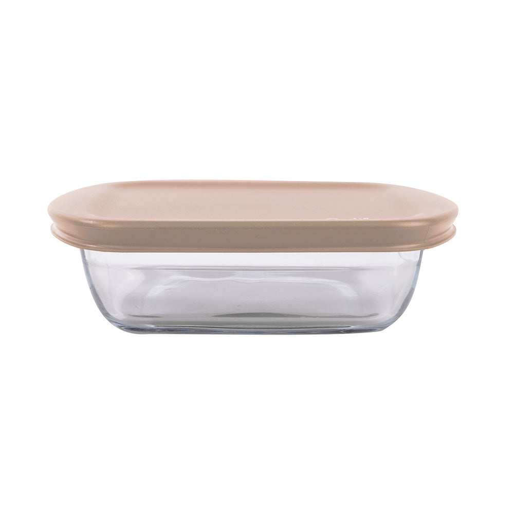 Recipiente para alimentos em vidro (Pyrex) com base em vidro e tampa em plástico flexivel bege em fundo branco