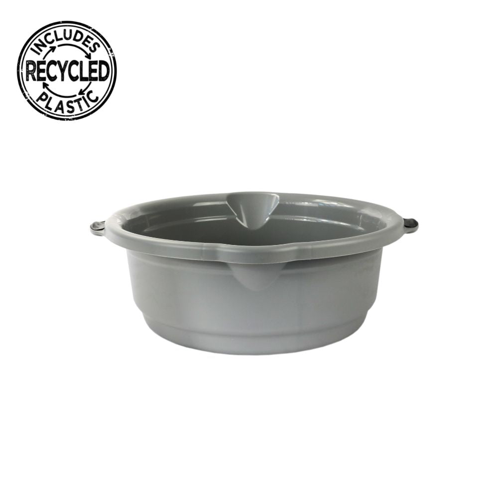 bacia cinzenta com pegas em preto, em fundo branco. Inclui reciclado