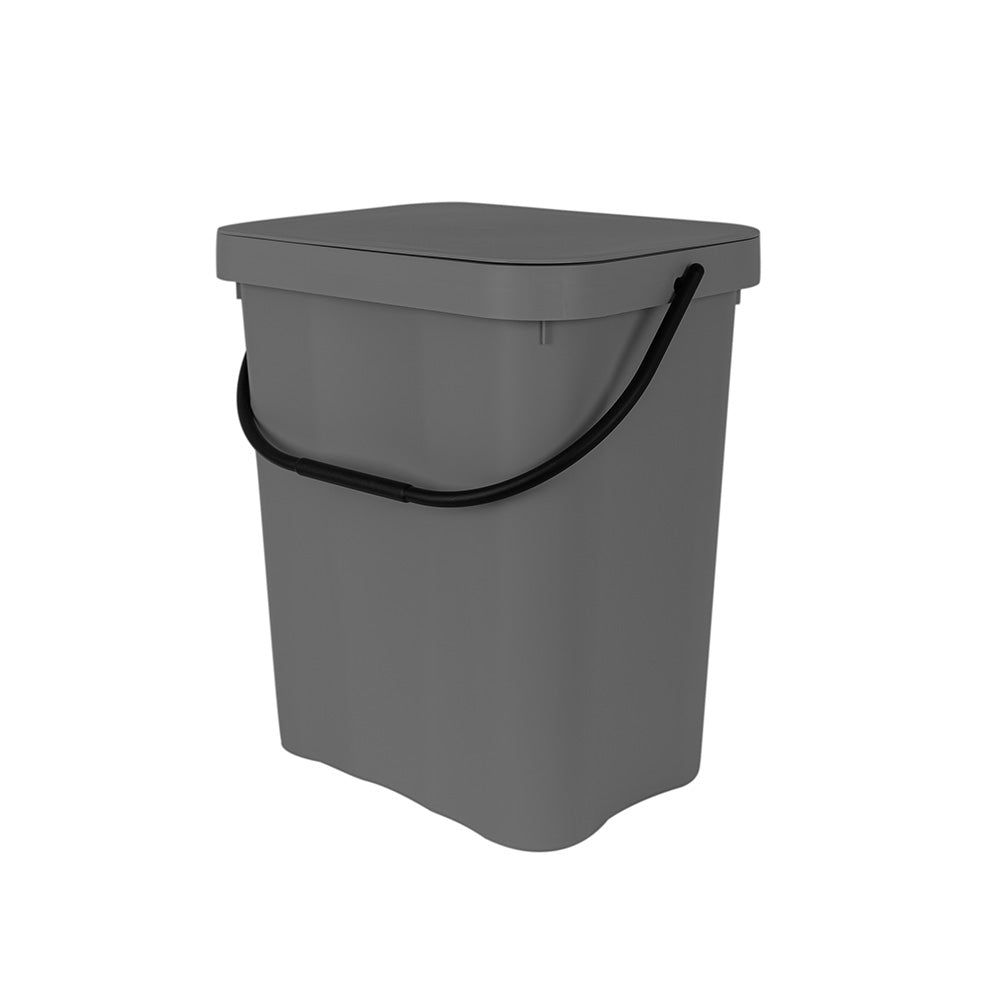 Caixote do lixo cinzento com asa preta, em fundo branco