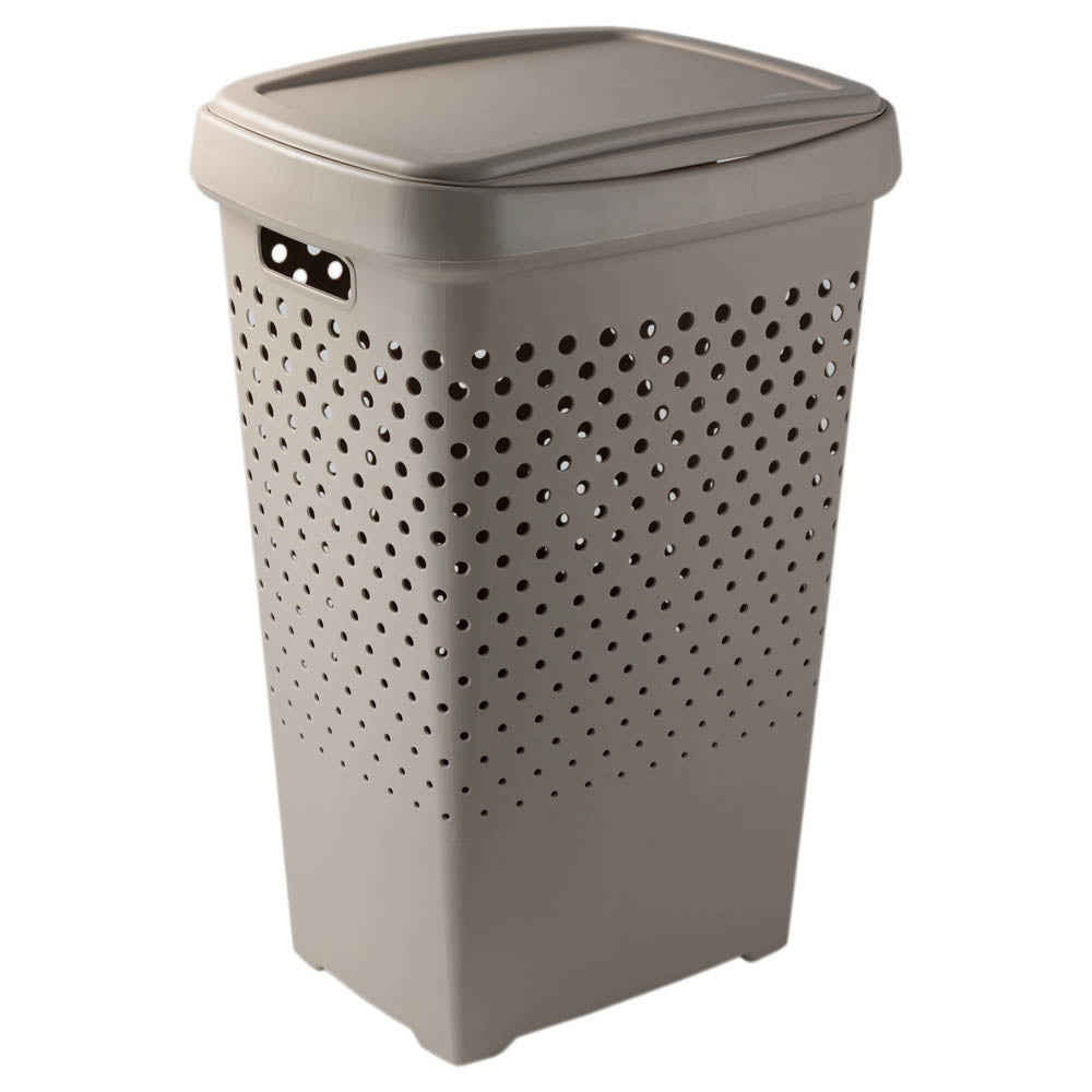 Cesto para roupa suja, com 70L de capacidade, em bege. Foto em fundo branco