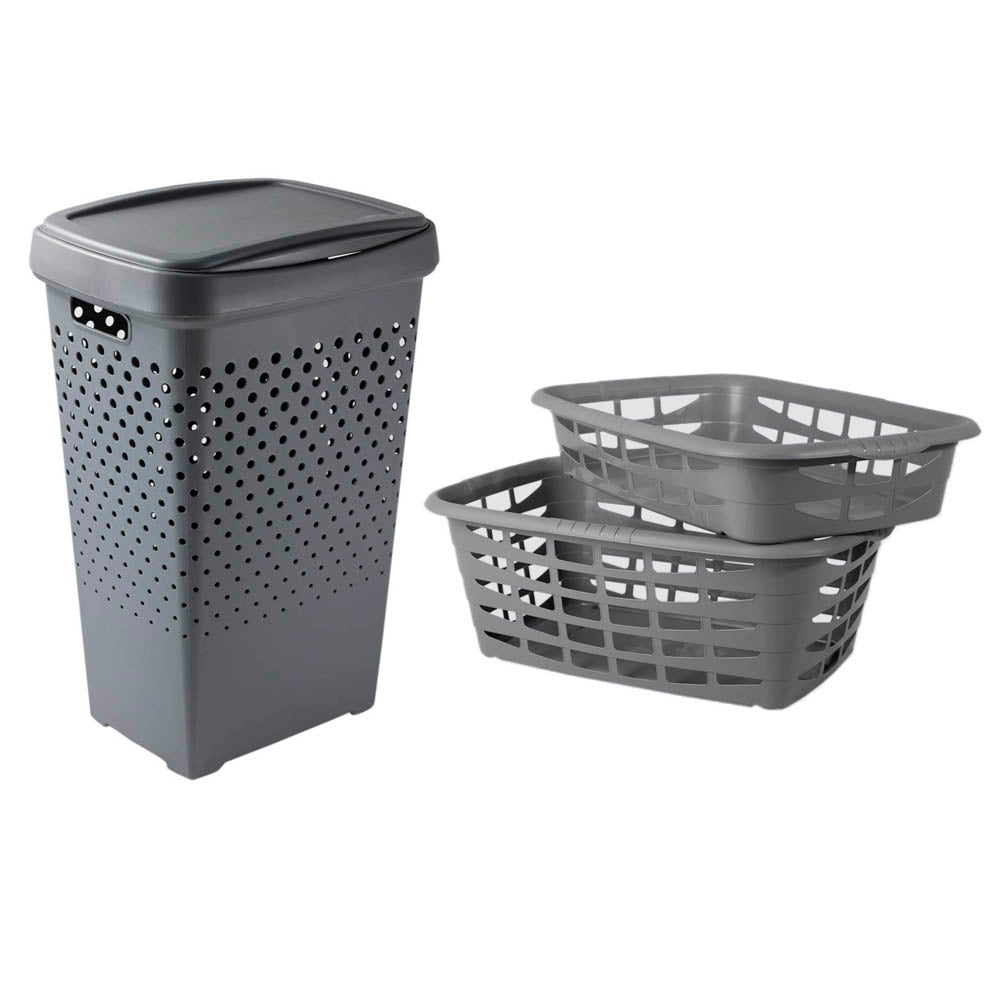 Conjunto Cestos Roupa 3 Peças | Cesto Roupa Suja 50L ou 70L Ventilado | Organização Lavandaria Completa