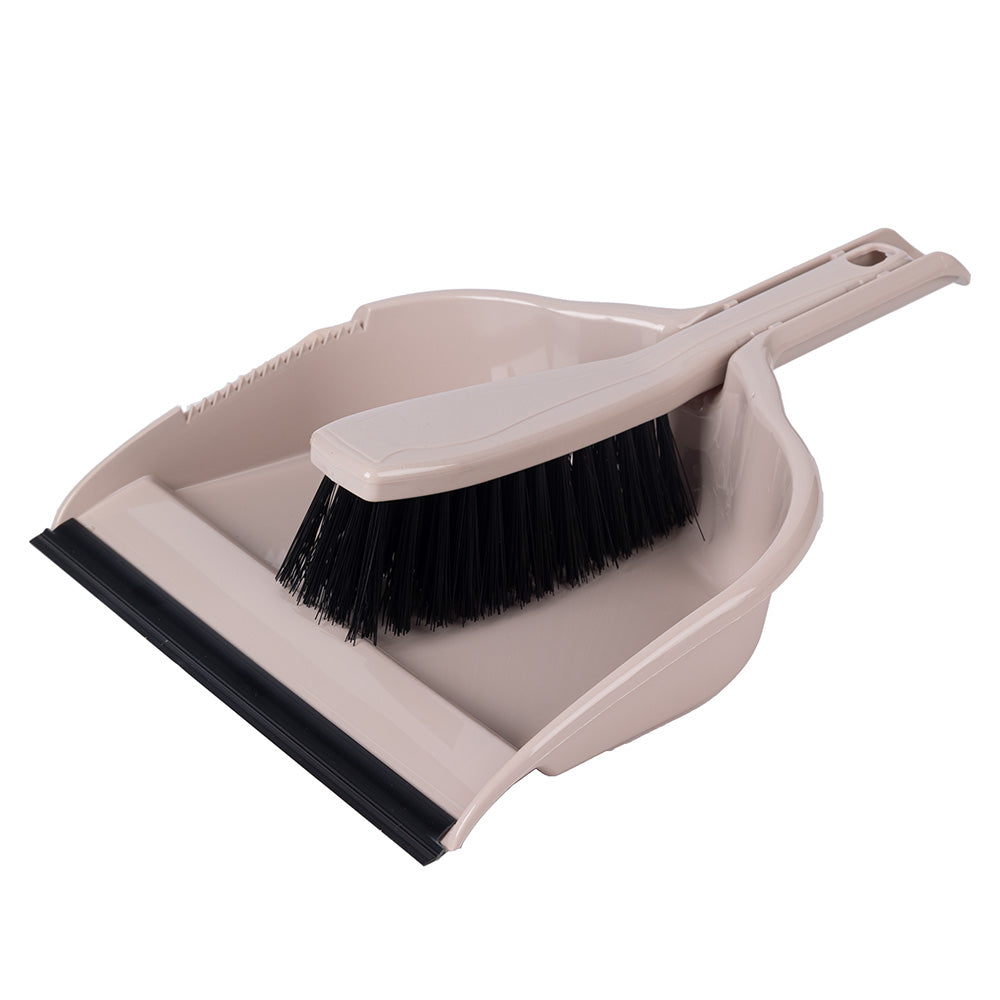 Pá do lixo com borracha e com escova. Em bege, com borracha e cerdas em preto