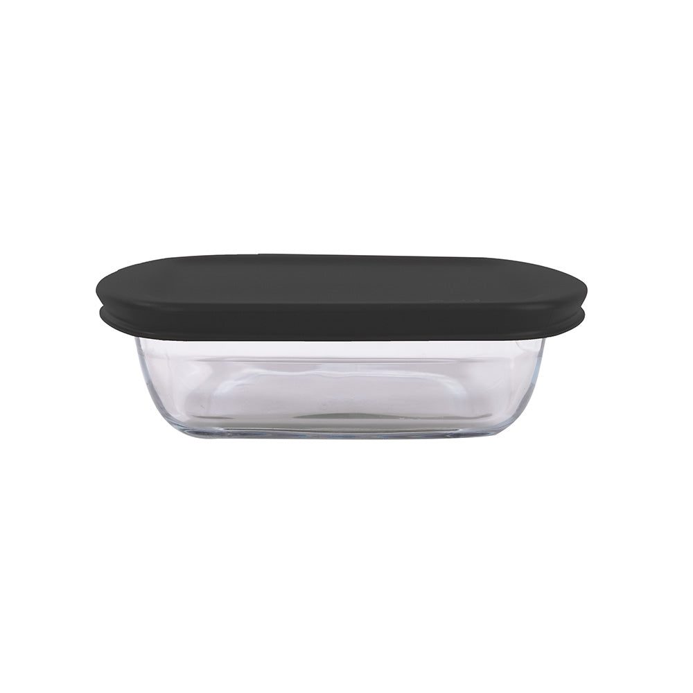 Recipiente para alimentos em vidro (Pyrex) com base em vidro e tampa em plástico flexivel lousa. Foto em fundo b