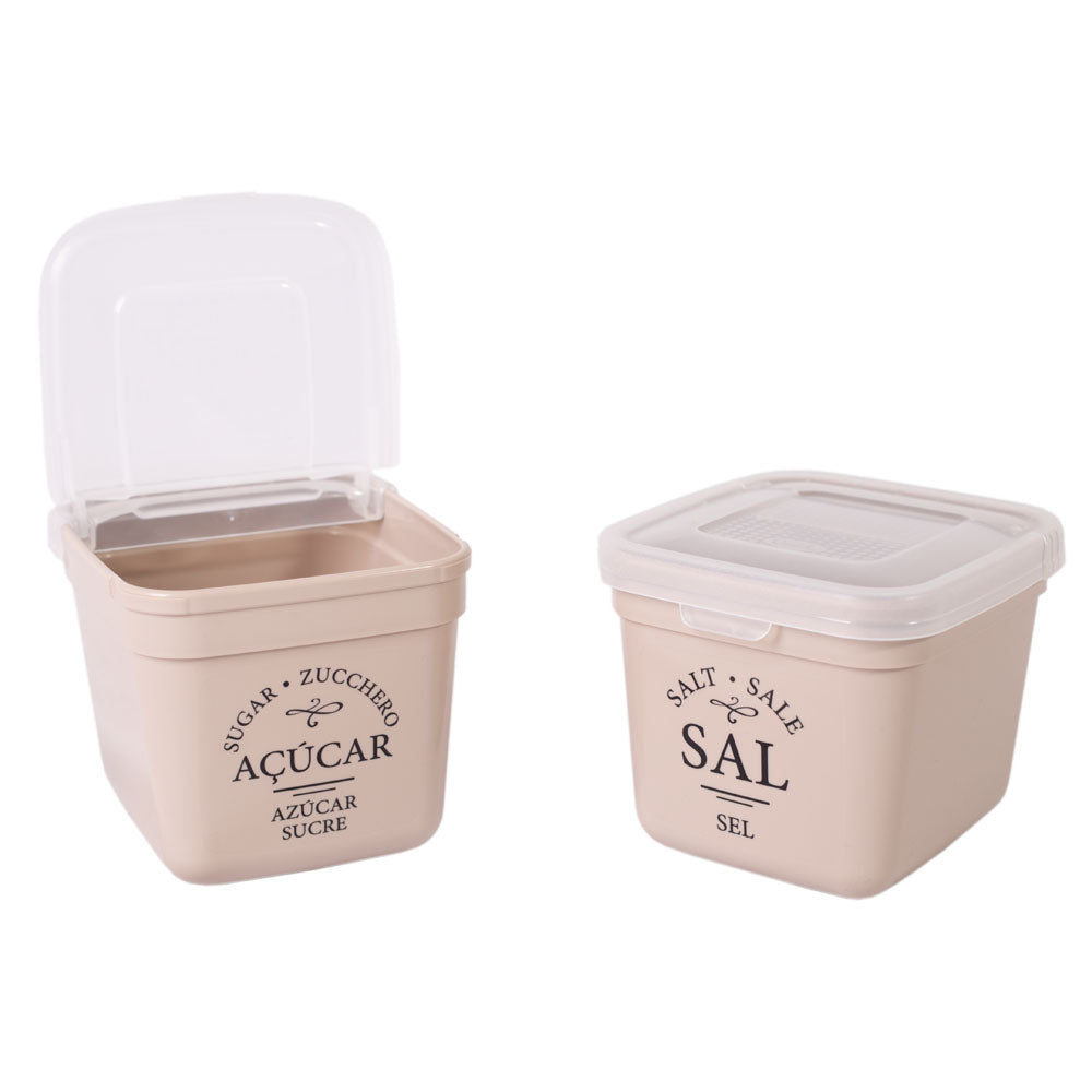 Conjunto de saleiro e açucareiro em bege da coleção BeClassic, em fundo branco.