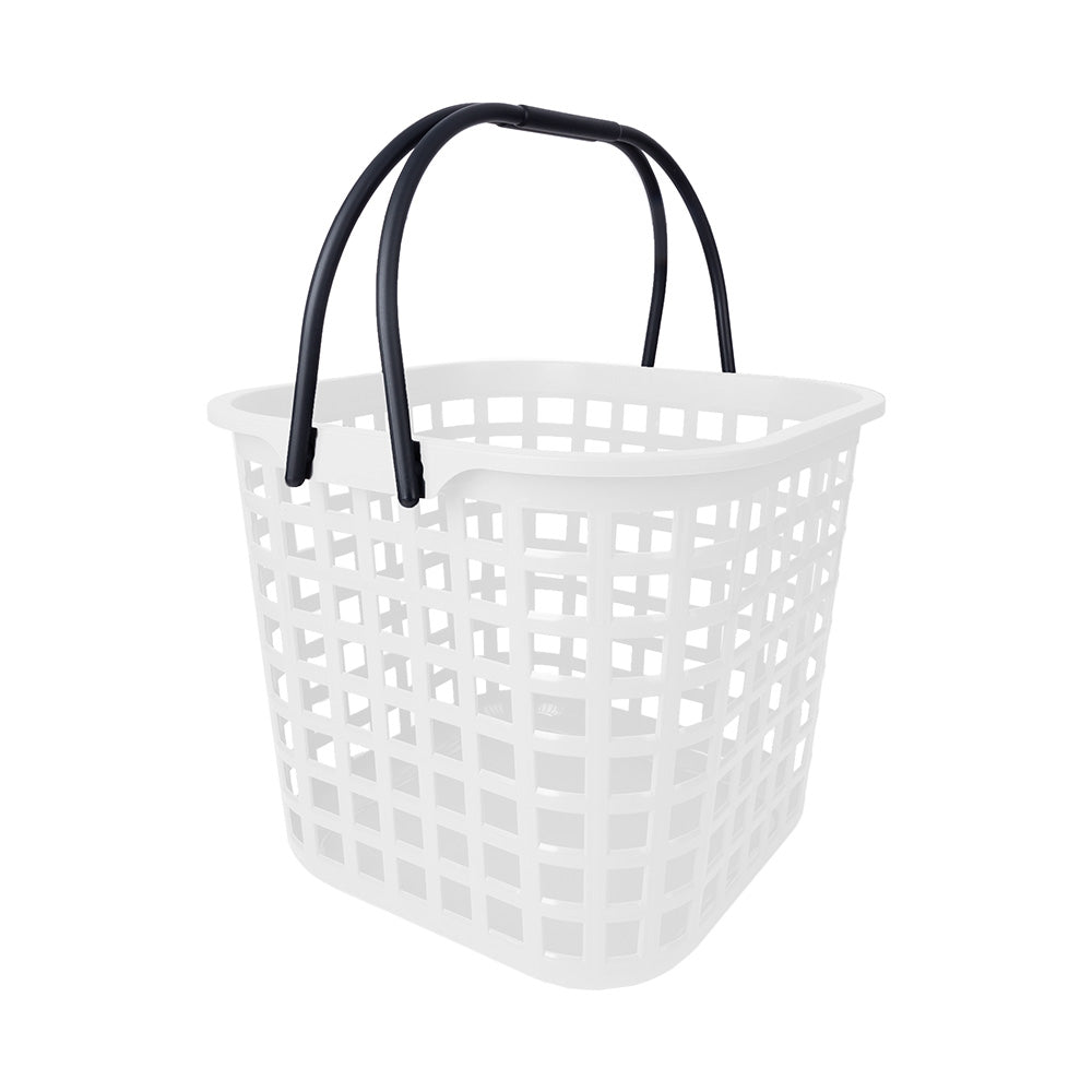 Cesto de compras em plástico branco, com duas asas pretas