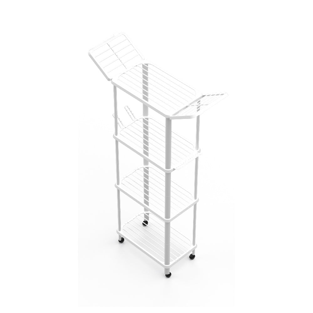 Estendal verticar com 4 prateleiras de secagem de roupa, em branco, duas abas na prateleira superior, dois suportes para secagem de sapatos e dois para secagem de meias, na segunda prateleira de secagem. 