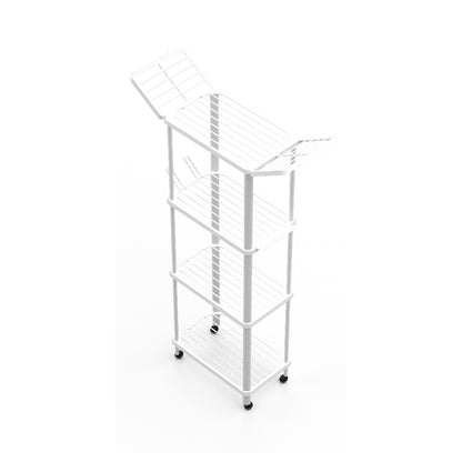 Estendal verticar com 4 prateleiras de secagem de roupa, em branco, duas abas na prateleira superior, dois suportes para secagem de sapatos e dois para secagem de meias, na segunda prateleira de secagem. 