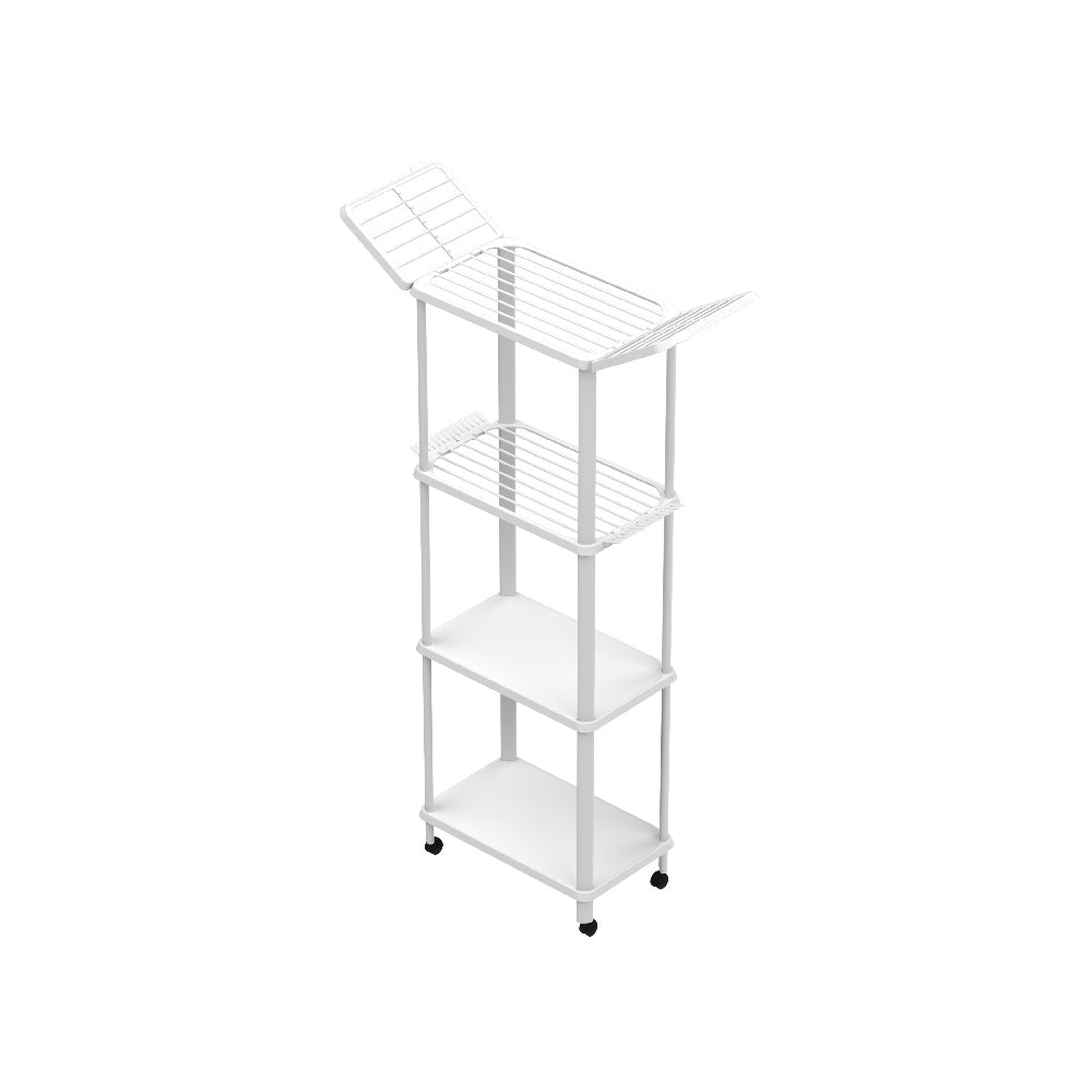 Estendal torre multiusos com 2 prateleiras de secagem (estendal) e duas prateleiras de arrumação. A prateleira de secagem superior tem duas abas de secagem. Com rodas, para mobilidade. 